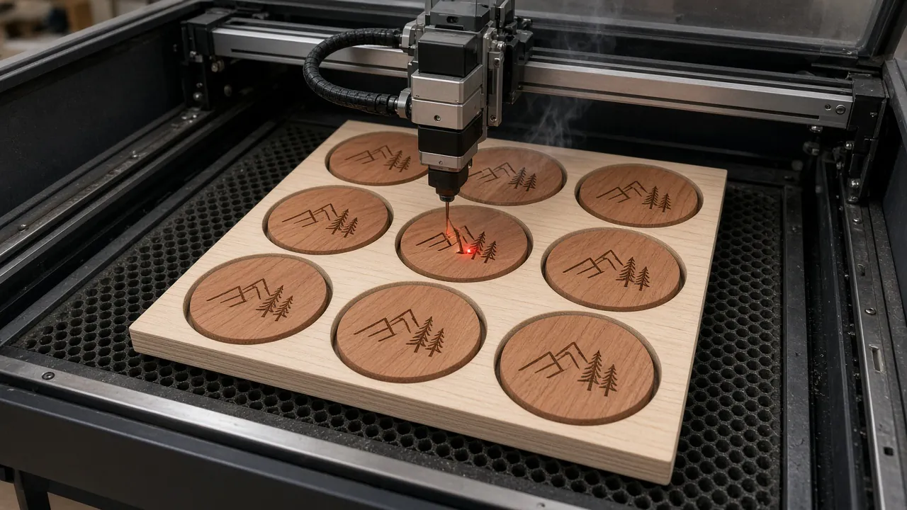A laser engraving a mountain-and-pine logo onto a tray of round alderwood discs