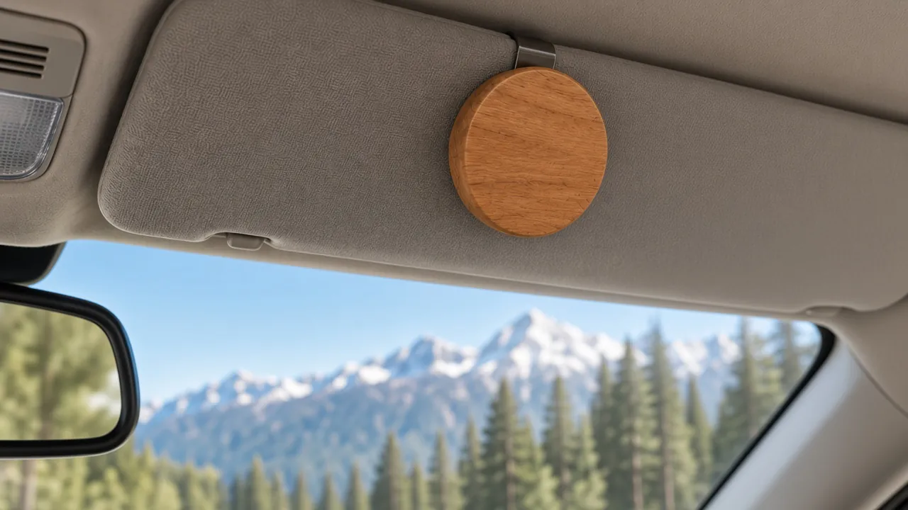 A round alderwood freshener disc on a magnetic clip on a car's sun visor, with mountains through the windshield