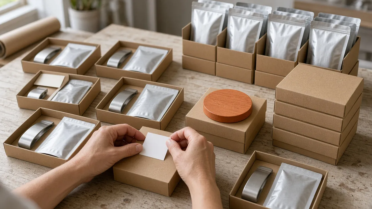 Kraft boxes on a workbench being packed with steel visor clips and foil-sealed disc pouches