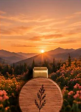 The sun setting over a wildflower meadow, with the Nº01 disc on its visor clip