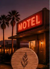 A roadside motel with a red neon sign and palm trees at dusk, with the Nº01 disc on its visor clip