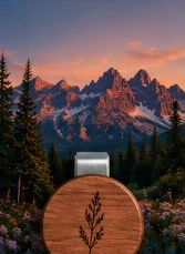 Jagged mountains at dusk above a pine forest, with the Nº01 disc on its visor clip