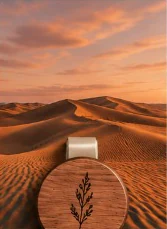 Rippled desert dunes under a pink evening sky, with the Nº01 disc on its visor clip