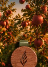 Red apples on the branch in an autumn orchard, with the Nº01 disc on its visor clip
