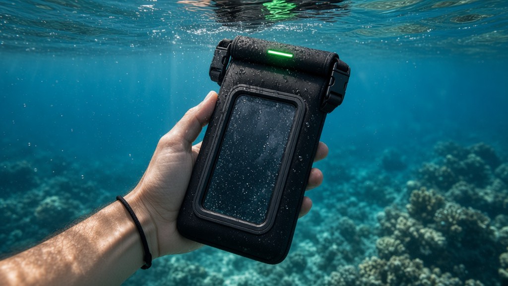 Phone in pouch, held underwater, screen visible